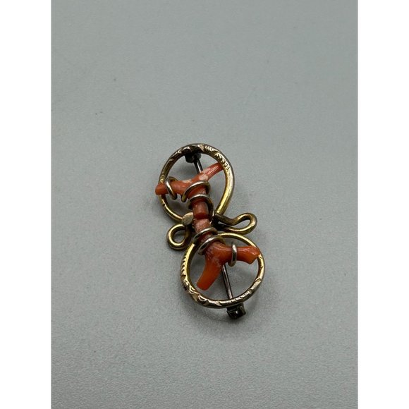 Victorian Antique Coral Pin Brooch Gold Filled Wire Wrapped Design Genuine Coral - Picture 4 of 7